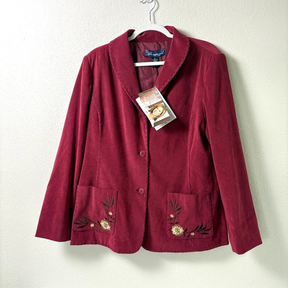 Susan Graver Stretch Moleskin Western Jacket Size L Red Floral‎ Embroidered NWT